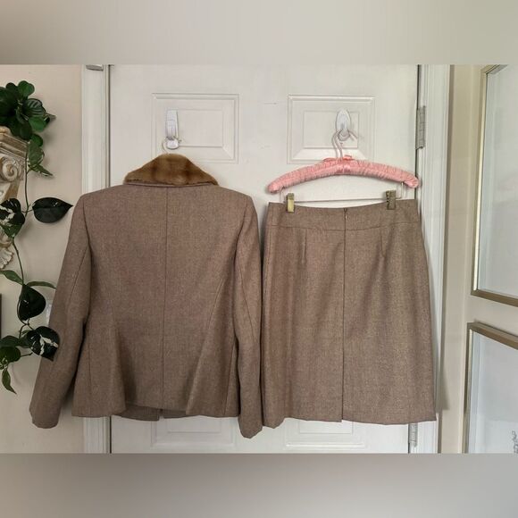 VTG Albert Nipon Boutique Fur Collar Tan Gold Sheen Wool Skirt Suit Size M/6/8P - Picture 6 of 16